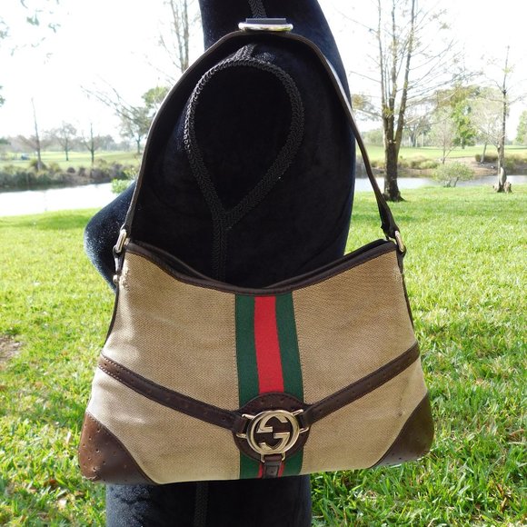 GUCCI SUPREME CANVAS RED GREEN STRIPE SHOULDER BAG - Picture 5 of 8